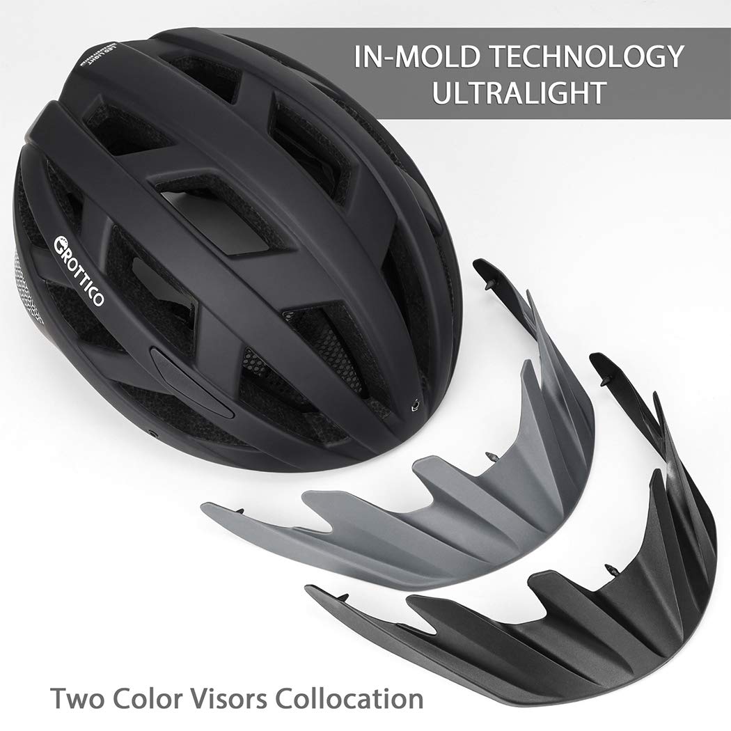 Adult-Men-Women Bike Helmet with Light - Mountain Road Bicycle Helmet with Replacement Pads & Detachable Visor (Matte Black, M(21.6-22.8 in/55-58cm))