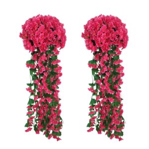 aukuzi artificial hanging flowers for outdoor, 2 pack violet ivy fake hanging plant & flowers for home wedding garden yard hanging baskets wisteria garland orchid bunch decoration(rose red)