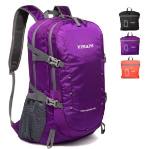 vimapo packable lightweight backpack 40l, ripstop nylon foldable traveling daypack, collapsible hiking backpack for outdoor(purple)