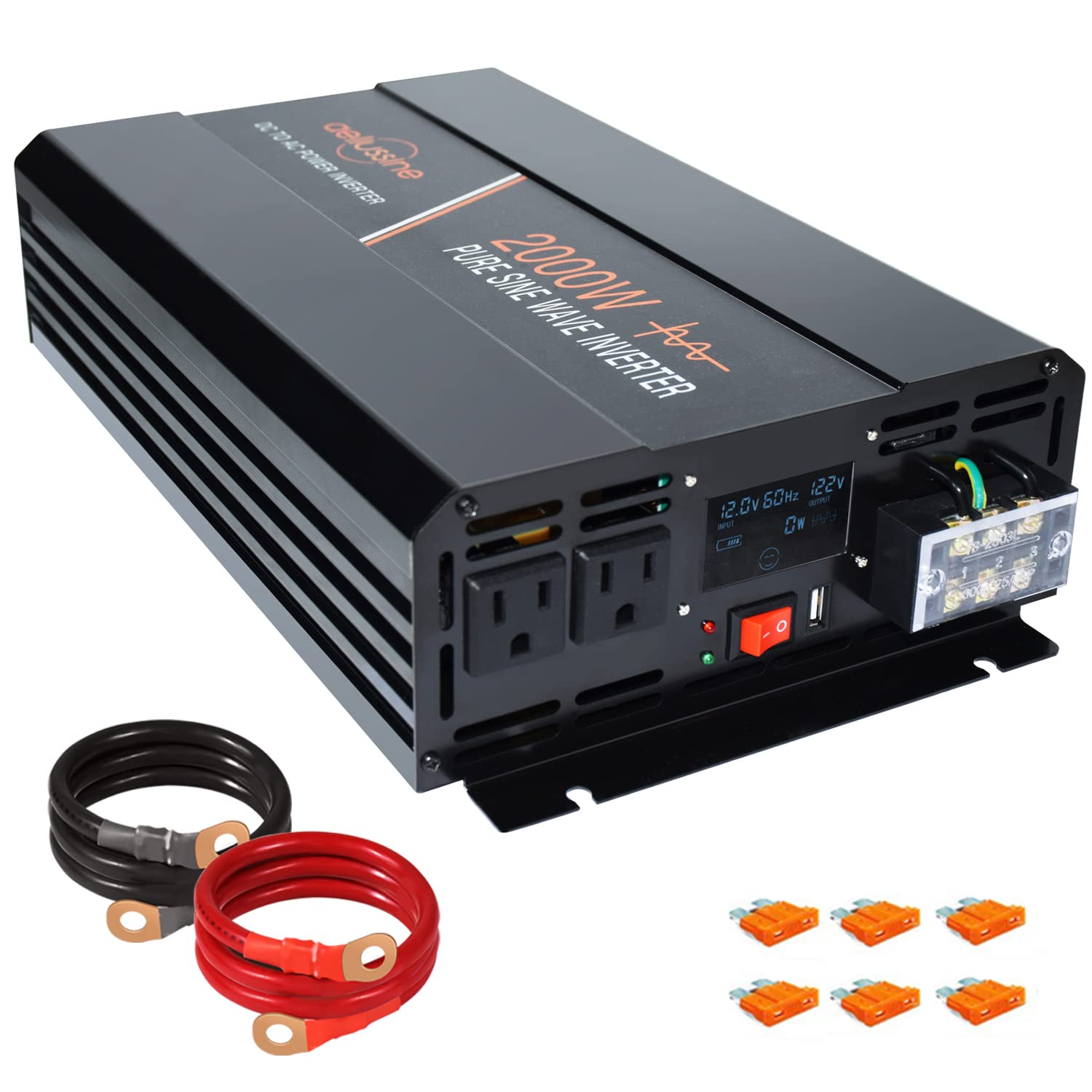 aeliussine 2000W Pure Sine Wave Inverter-12V DC to 120V AC Power Converter with 2 AC Outlets, 12 Volt Power Inverter for Truck, Rv, Camping, Home, Emergency Power