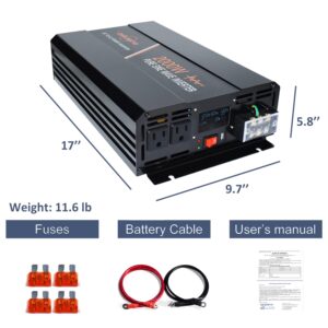 aeliussine 2000W Pure Sine Wave Inverter-12V DC to 120V AC Power Converter with 2 AC Outlets, 12 Volt Power Inverter for Truck, Rv, Camping, Home, Emergency Power