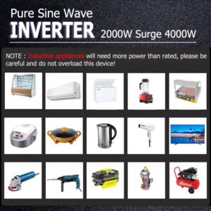 aeliussine 2000W Pure Sine Wave Inverter-12V DC to 120V AC Power Converter with 2 AC Outlets, 12 Volt Power Inverter for Truck, Rv, Camping, Home, Emergency Power