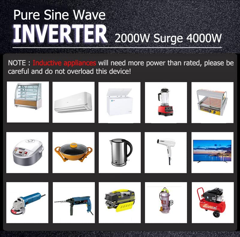 aeliussine 2000W Pure Sine Wave Inverter-12V DC to 120V AC Power Converter with 2 AC Outlets, 12 Volt Power Inverter for Truck, Rv, Camping, Home, Emergency Power