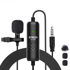 synco lavalier microphone s6e, omnidirectional lapel mic 6m/ 19.7ft cable recording for smartphones camera laptop pc for interview youtube blog live streamings