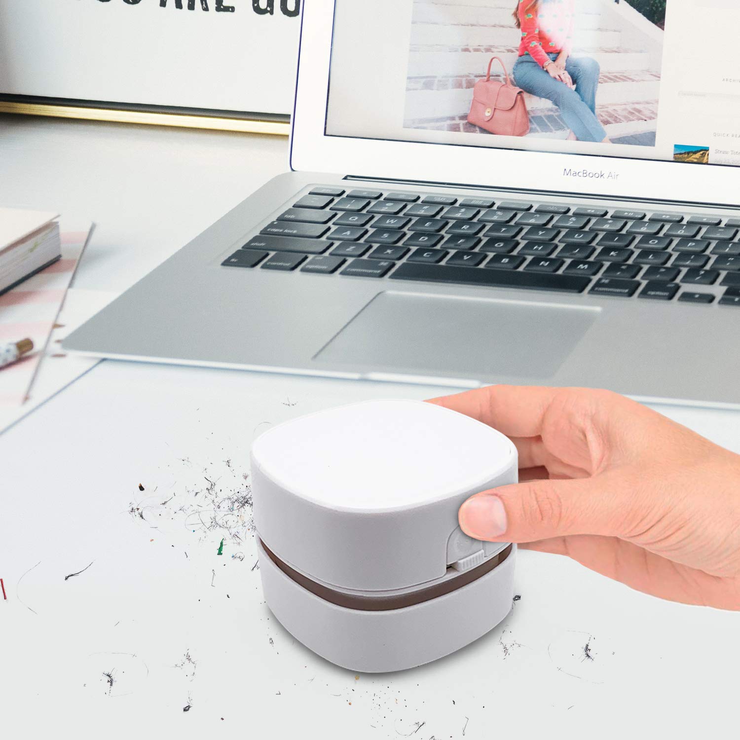 COTREE Portable White Desk Vacuum - Mini Small Cute Table Cordless Portable Handheld Cleaner for Office, School or Home 2AA Battery (Not Included)