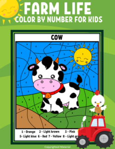 farm life color by number for kids printable - cow, pig, horse, sheep, chicken, farmer, tractor, dog, cat, barnyard and more. color by code for kids, coloring activity.