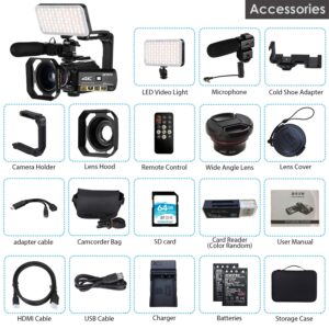 ORDRO 4K Camcorder Video Camera AC3 1080P 60FPS Vlog Camera IR Night Vision WiFi Camcorder with Microphone, Wide Angle Lens, LED Video Light, Handheld Holder, Storage Case and 64GB SD Card