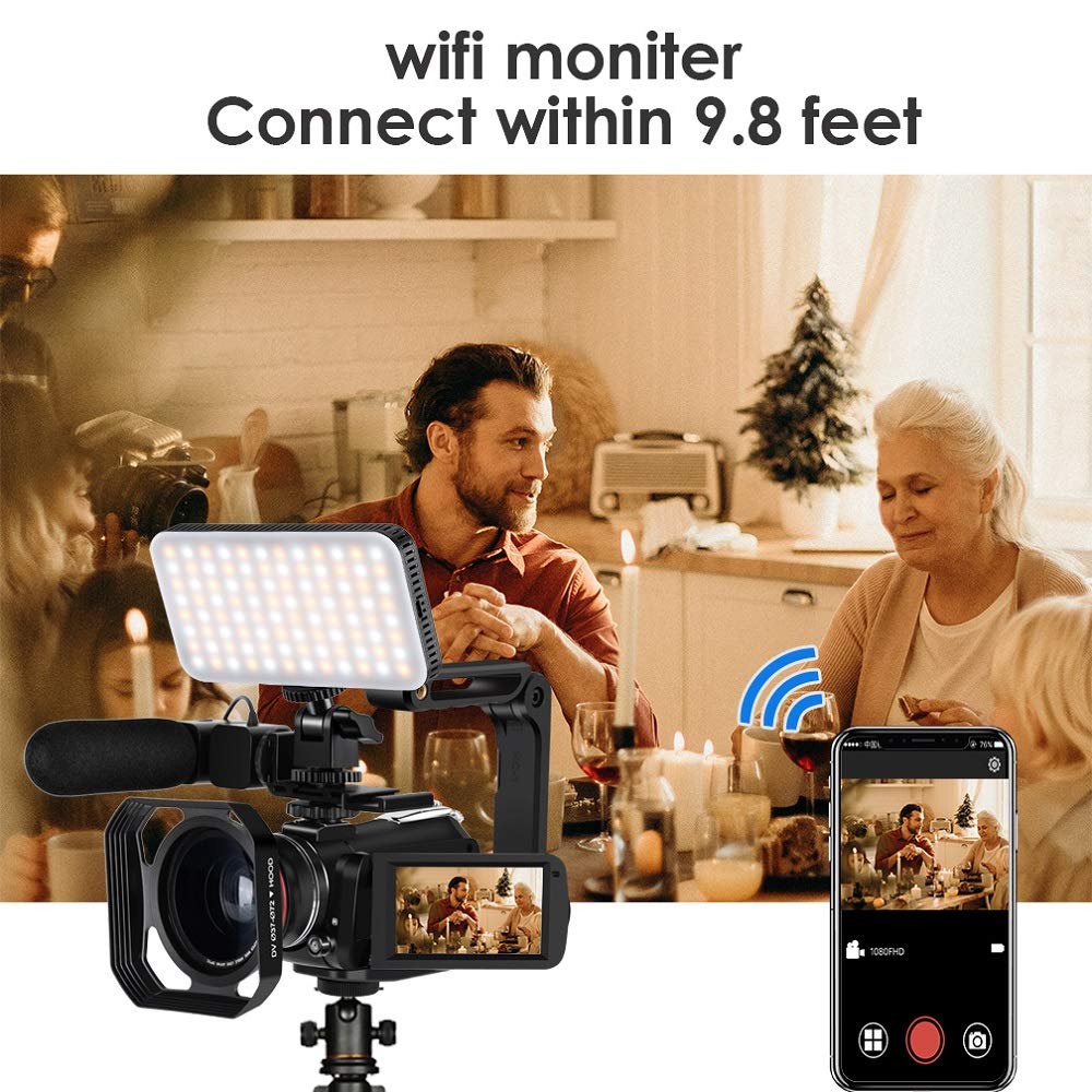 ORDRO 4K Camcorder Video Camera AC3 1080P 60FPS Vlog Camera IR Night Vision WiFi Camcorder with Microphone, Wide Angle Lens, LED Video Light, Handheld Holder, Storage Case and 64GB SD Card