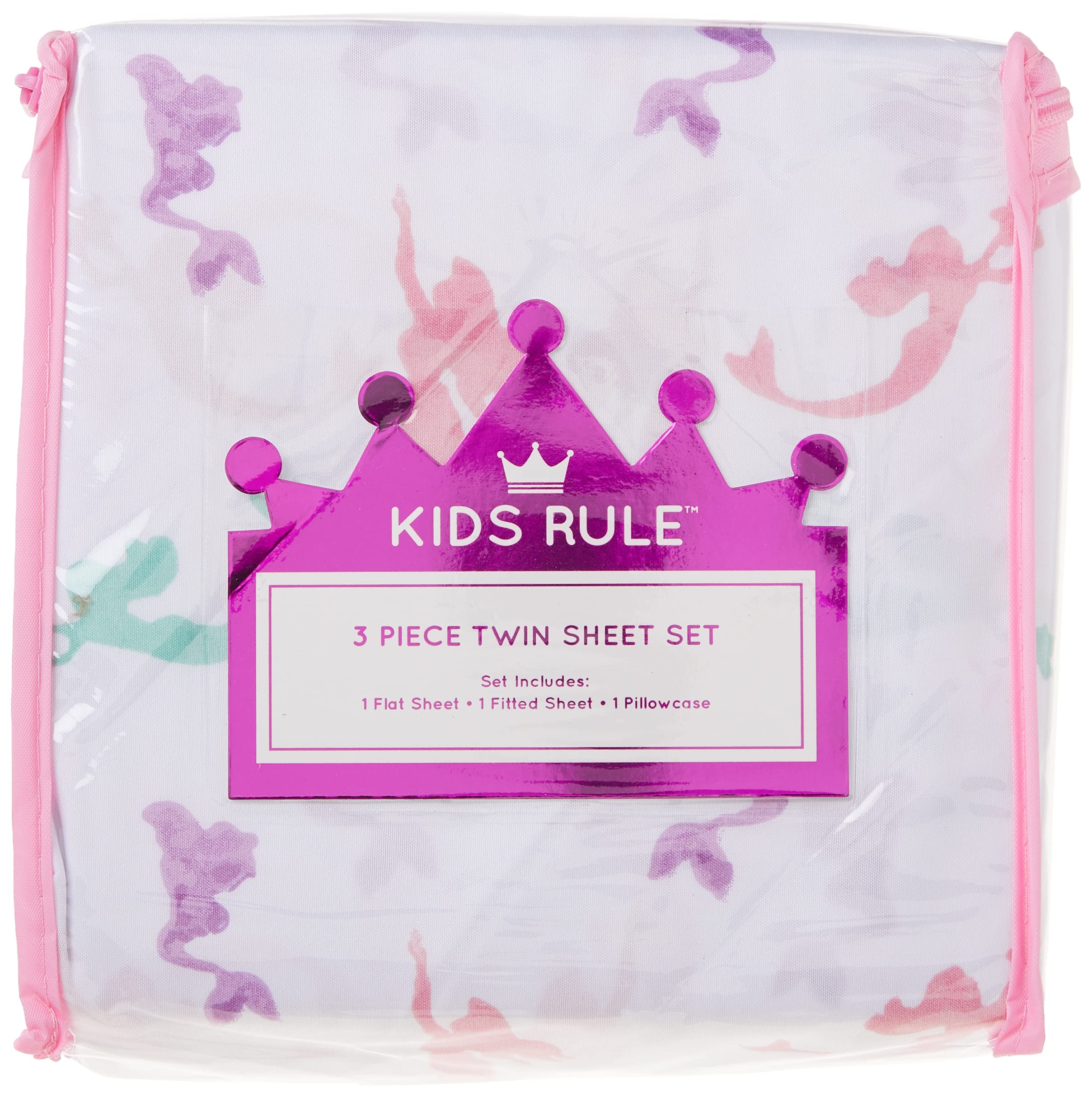 Kids Rule 3-Piece Mermaid Sheet Set | 1 Twin Flat Sheet, 1 Twin Fitted Sheet & 1 Queen Pillowcase | 100% Softly Brushed Microfiber Polyester | Soft, Smooth & Durable | Ideal for Kids | Multicolor