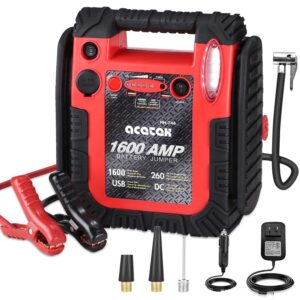 1600 amp jump starter with air compressor, acetek car battery charger 260 psi tire inflator, 20000mah 12v auto lead-acid battery booster (up to 6l gas or 6l diesel engine) with led light & usb