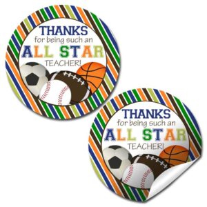 all star teacher sports themed teacher appreciation thank you sticker labels, 40 2" party circle stickers by amandacreation, great for envelope seals & gift bags