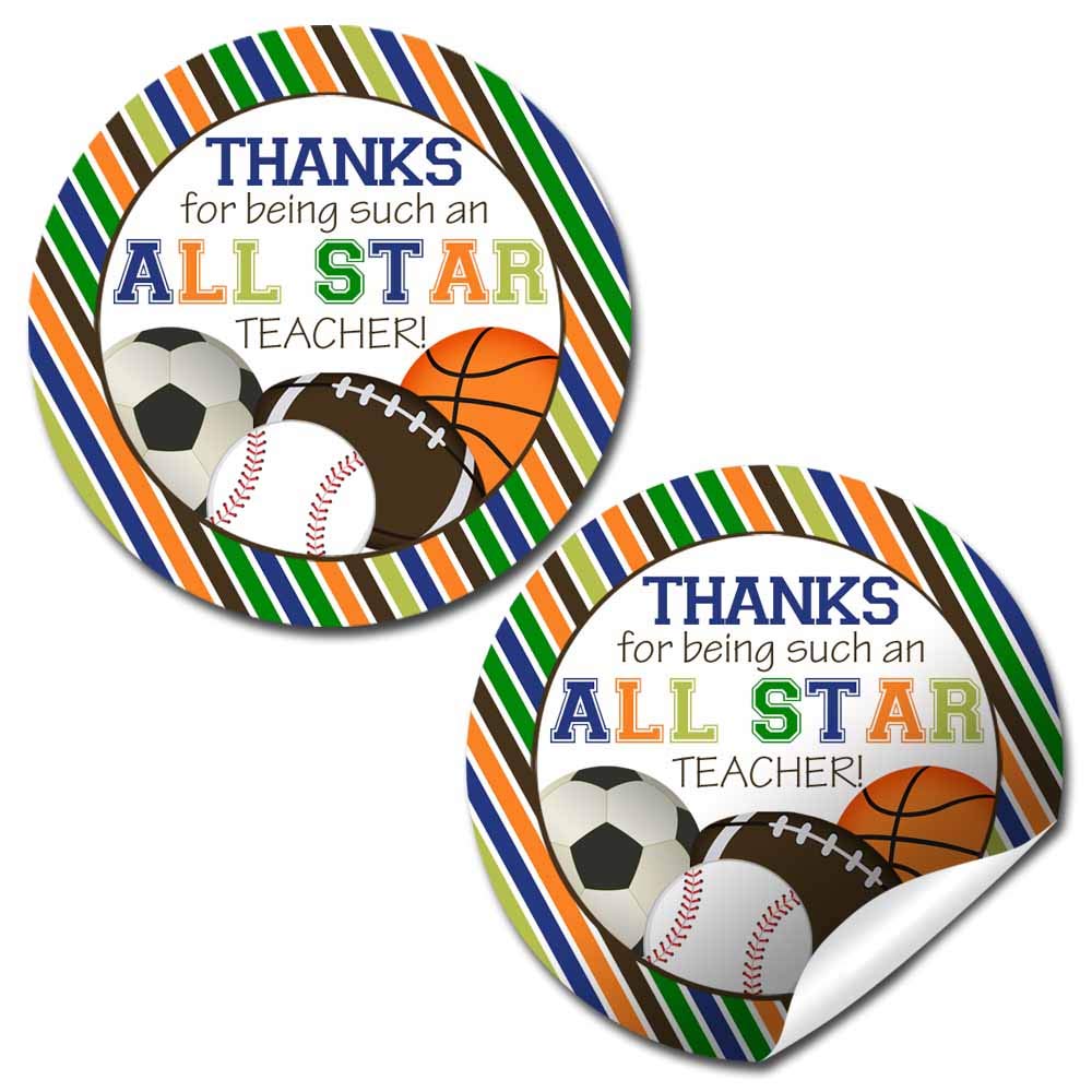 All Star Teacher Sports Themed Teacher Appreciation Thank You Sticker Labels, 40 2" Party Circle Stickers by AmandaCreation, Great for Envelope Seals & Gift Bags