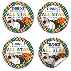 All Star Teacher Sports Themed Teacher Appreciation Thank You Sticker Labels, 40 2" Party Circle Stickers by AmandaCreation, Great for Envelope Seals & Gift Bags