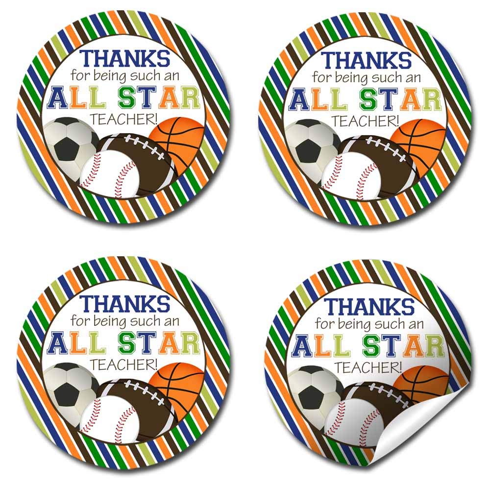 All Star Teacher Sports Themed Teacher Appreciation Thank You Sticker Labels, 40 2" Party Circle Stickers by AmandaCreation, Great for Envelope Seals & Gift Bags