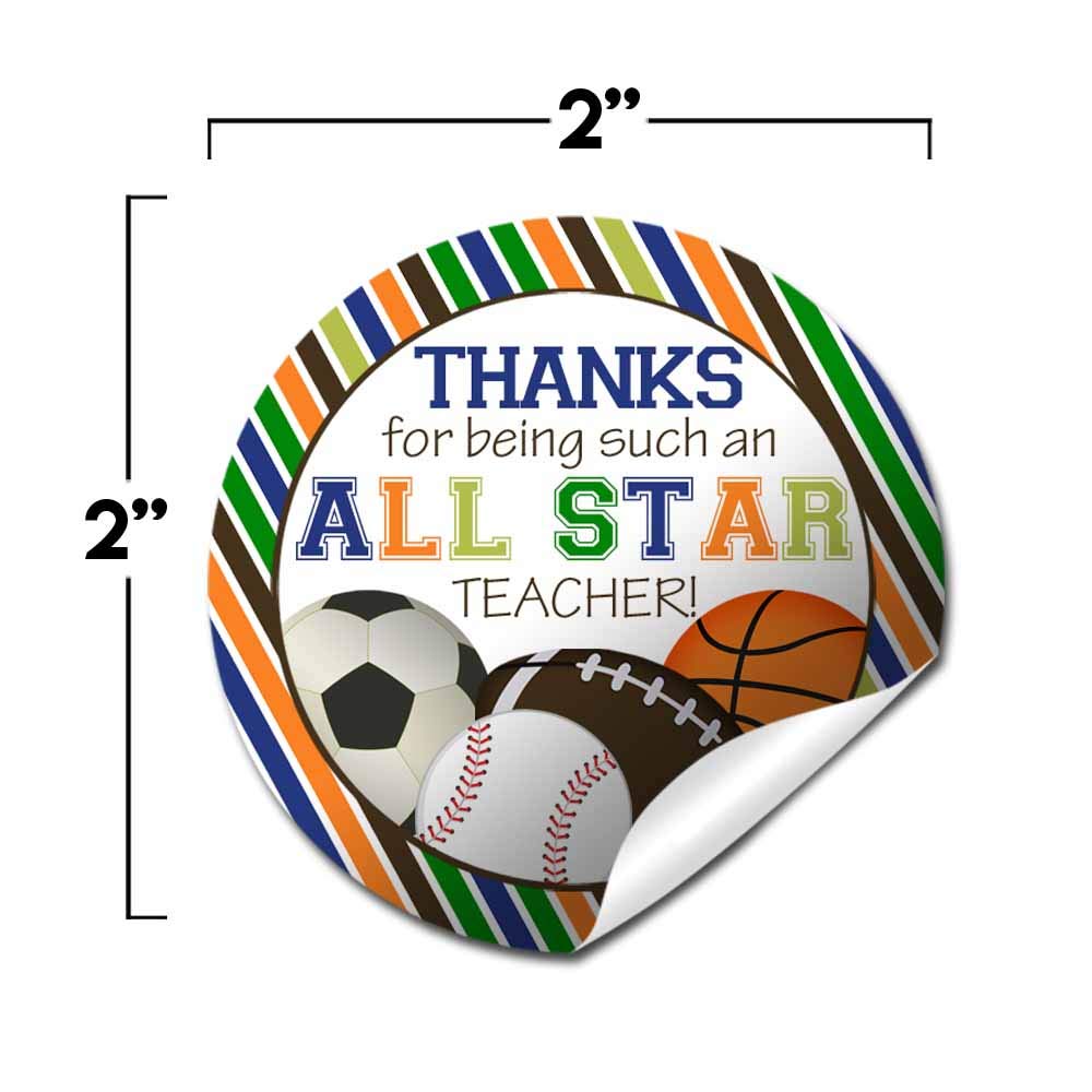 All Star Teacher Sports Themed Teacher Appreciation Thank You Sticker Labels, 40 2" Party Circle Stickers by AmandaCreation, Great for Envelope Seals & Gift Bags