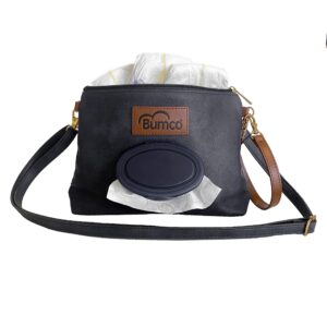 bumco diaper clutch bag - portable wipes dispenser & diaper holder, airtight travel baby wipes case, leather-style wipe dispenser travel baby wipes dispenser on the go, diaper wristlet (black)