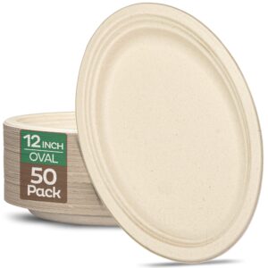 100% compostable oval paper plates [50-pack] - {pfas-free} - {bpi certified} - [12 inch] heavy duty, eco-friendly, biodegradable bagasse platters - natural brown 12" oval platter plates by stack man