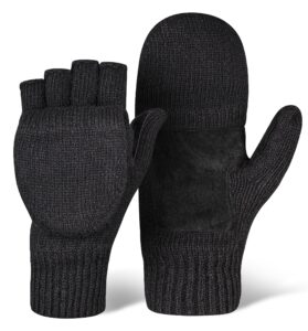 outdooressentials fingerless winter gloves convertible mittens for men & women - warm knit flip top wool mitten gloves