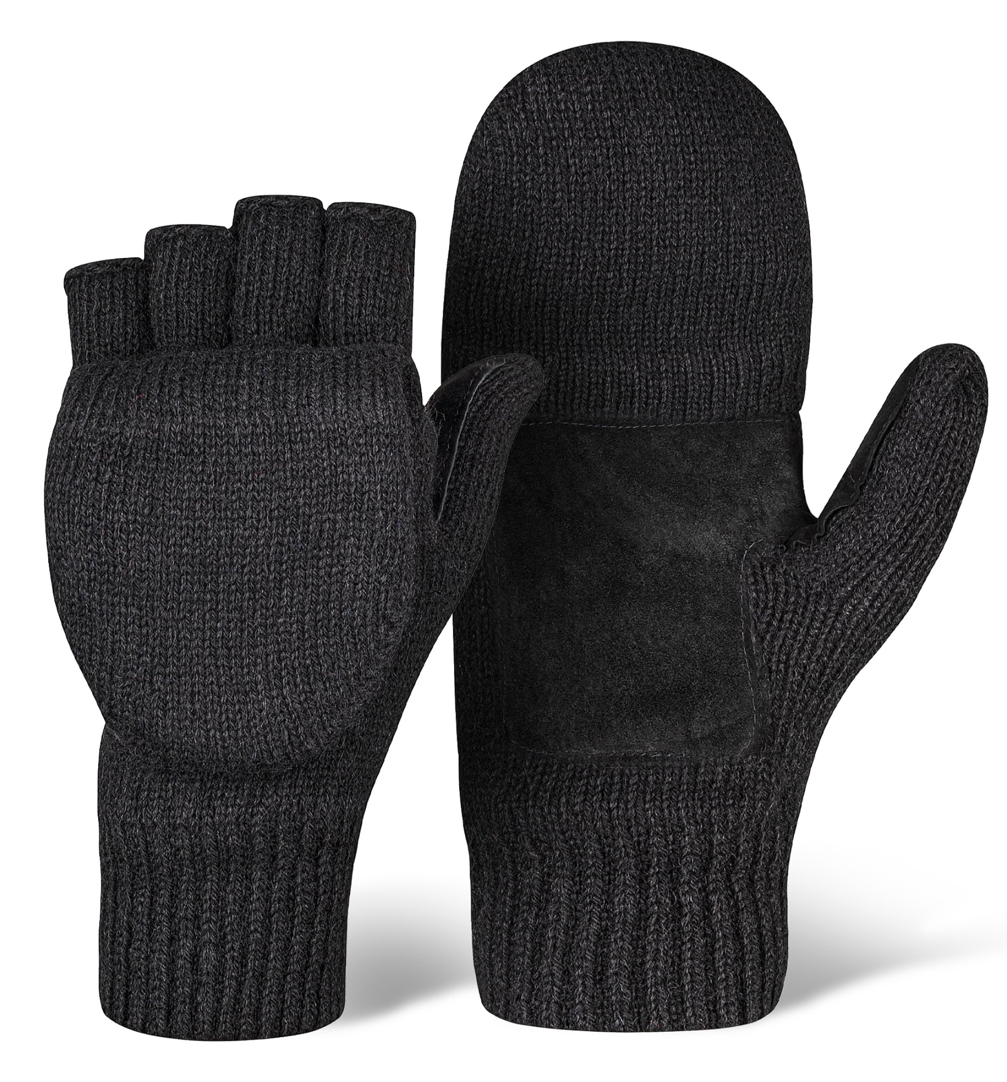 OutdoorEssentials Fingerless Winter Gloves Convertible Mittens for Men & Women - Warm Knit Flip Top Wool Mitten Gloves