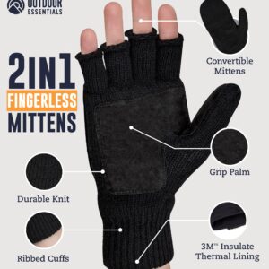 OutdoorEssentials Fingerless Winter Gloves Convertible Mittens for Men & Women - Warm Knit Flip Top Wool Mitten Gloves