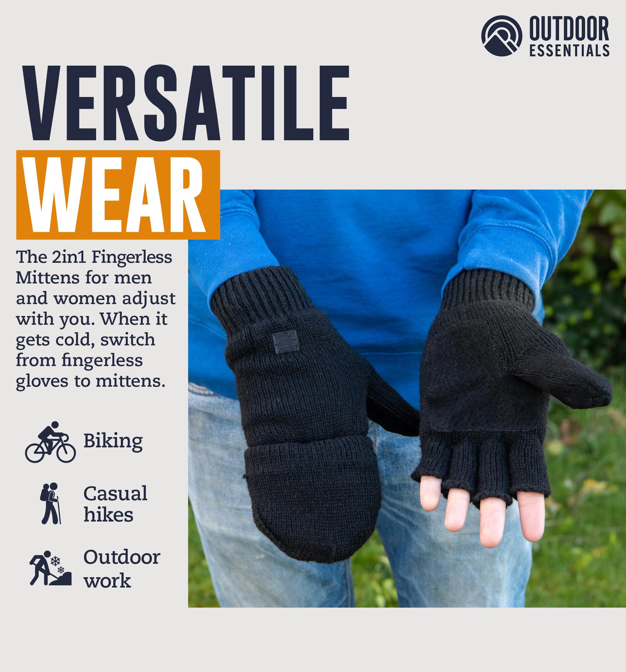 OutdoorEssentials Fingerless Winter Gloves Convertible Mittens for Men & Women - Warm Knit Flip Top Wool Mitten Gloves