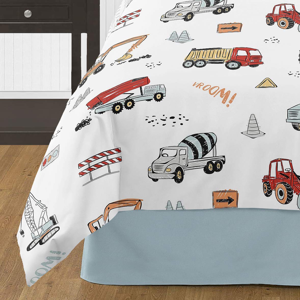 Sweet Jojo Designs Construction Truck Boy Full/Queen Size Kid Childrens Bedding Comforter Set - 3 Pieces - Grey Yellow Orange Red and Blue Transportation Chevron Arrow