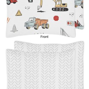 Sweet Jojo Designs Construction Truck Boy Full/Queen Size Kid Childrens Bedding Comforter Set - 3 Pieces - Grey Yellow Orange Red and Blue Transportation Chevron Arrow