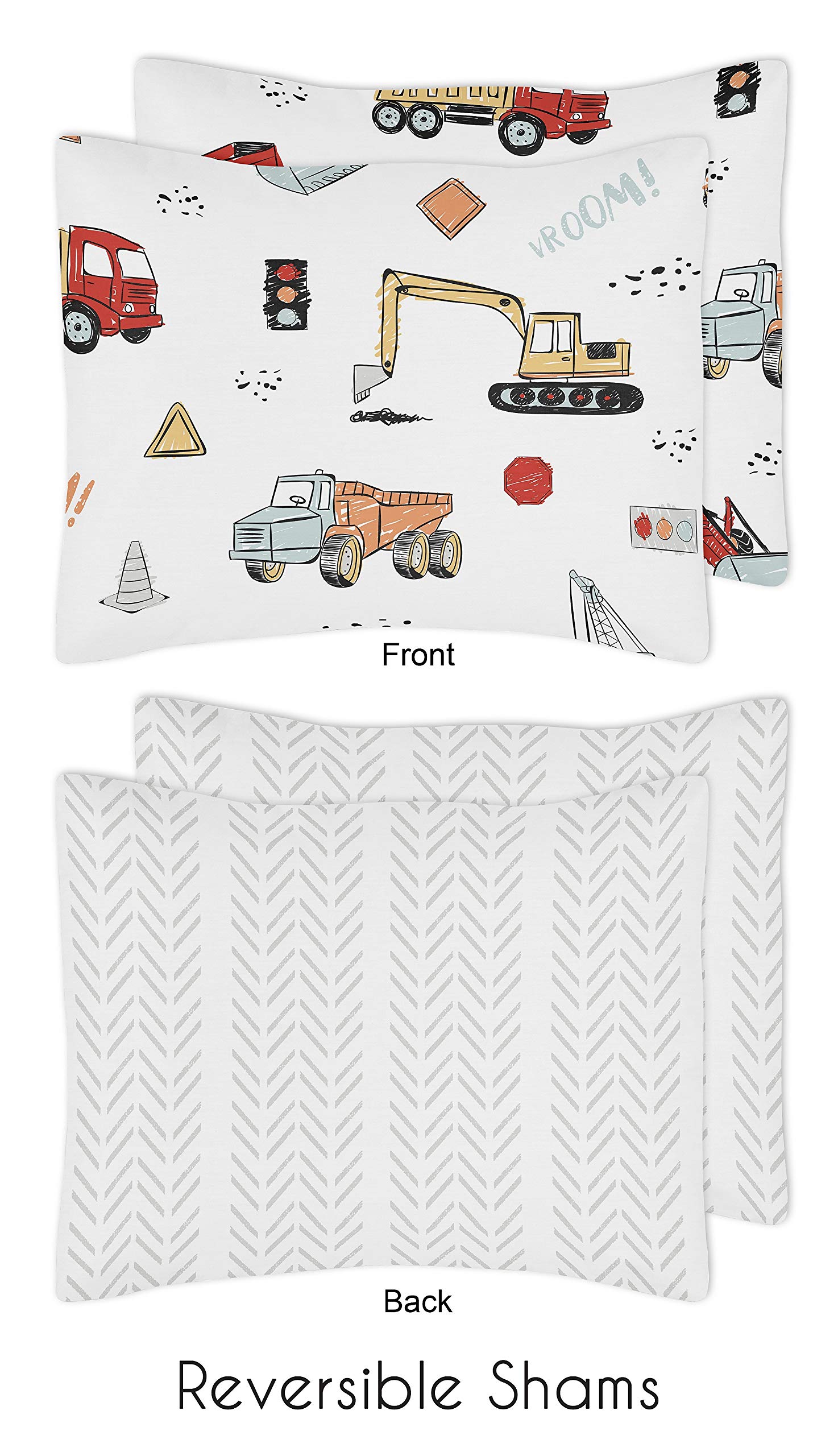 Sweet Jojo Designs Construction Truck Boy Full/Queen Size Kid Childrens Bedding Comforter Set - 3 Pieces - Grey Yellow Orange Red and Blue Transportation Chevron Arrow