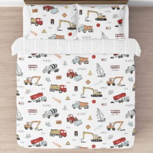 Sweet Jojo Designs Construction Truck Boy Full/Queen Size Kid Childrens Bedding Comforter Set - 3 Pieces - Grey Yellow Orange Red and Blue Transportation Chevron Arrow