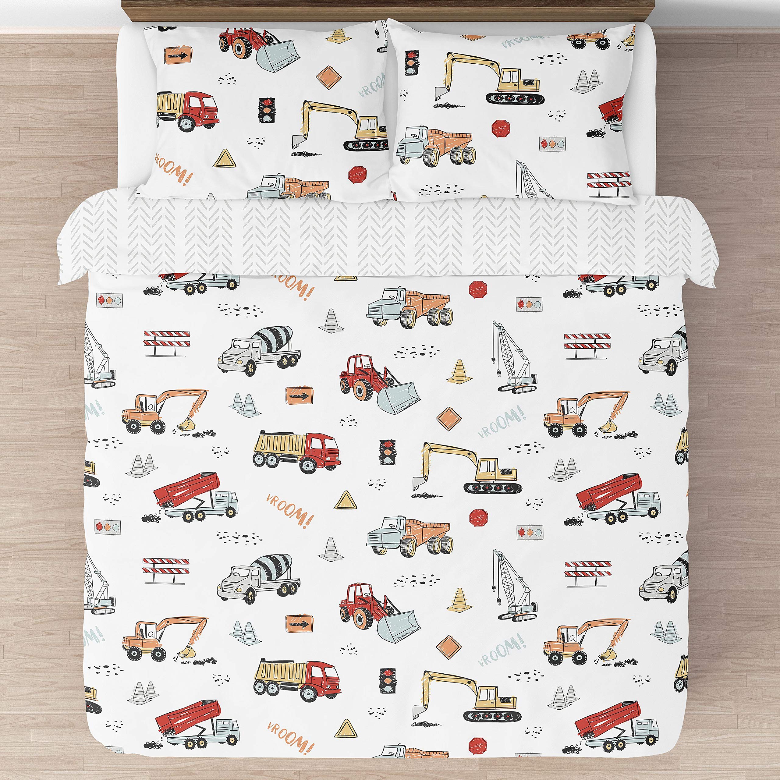 Sweet Jojo Designs Construction Truck Boy Full/Queen Size Kid Childrens Bedding Comforter Set - 3 Pieces - Grey Yellow Orange Red and Blue Transportation Chevron Arrow