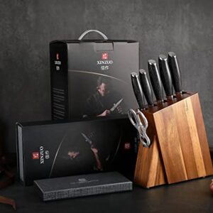 XINZUO 7PC Damascus steel Knife Block Sets, Professional High Carbon Steel Chef Knife Santoku Slicing Utility Fruit Knife with Multifunctional Kitchen Shears,Ergonomic Pakkawood Handle - Ya Series