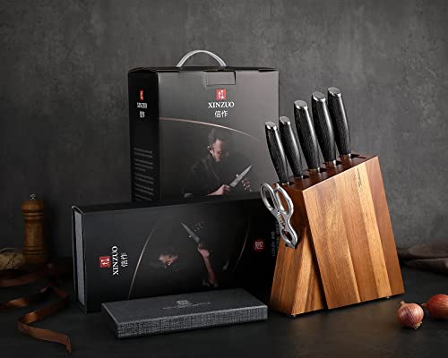 XINZUO 7PC Damascus steel Knife Block Sets, Professional High Carbon Steel Chef Knife Santoku Slicing Utility Fruit Knife with Multifunctional Kitchen Shears,Ergonomic Pakkawood Handle - Ya Series