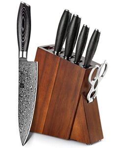 xinzuo 7pc damascus steel knife block sets, professional high carbon steel chef knife santoku slicing utility fruit knife with multifunctional kitchen shears,ergonomic pakkawood handle - ya series