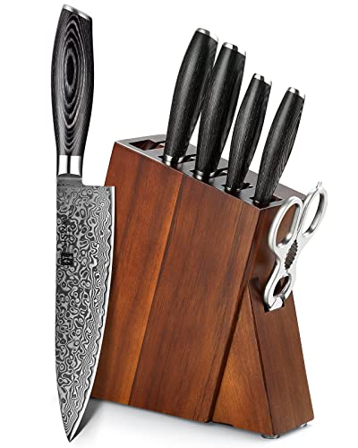 XINZUO 7PC Damascus steel Knife Block Sets, Professional High Carbon Steel Chef Knife Santoku Slicing Utility Fruit Knife with Multifunctional Kitchen Shears,Ergonomic Pakkawood Handle - Ya Series