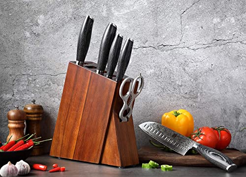 XINZUO 7PC Damascus steel Knife Block Sets, Professional High Carbon Steel Chef Knife Santoku Slicing Utility Fruit Knife with Multifunctional Kitchen Shears,Ergonomic Pakkawood Handle - Ya Series