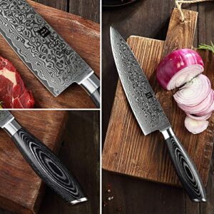 XINZUO 7PC Damascus steel Knife Block Sets, Professional High Carbon Steel Chef Knife Santoku Slicing Utility Fruit Knife with Multifunctional Kitchen Shears,Ergonomic Pakkawood Handle - Ya Series