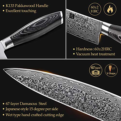 XINZUO 7PC Damascus steel Knife Block Sets, Professional High Carbon Steel Chef Knife Santoku Slicing Utility Fruit Knife with Multifunctional Kitchen Shears,Ergonomic Pakkawood Handle - Ya Series