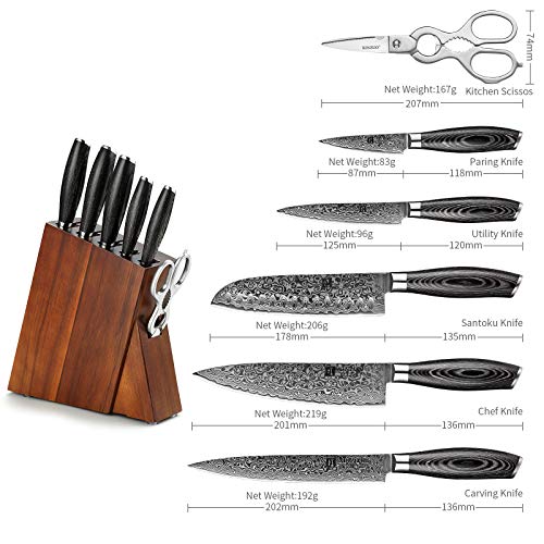 XINZUO 7PC Damascus steel Knife Block Sets, Professional High Carbon Steel Chef Knife Santoku Slicing Utility Fruit Knife with Multifunctional Kitchen Shears,Ergonomic Pakkawood Handle - Ya Series