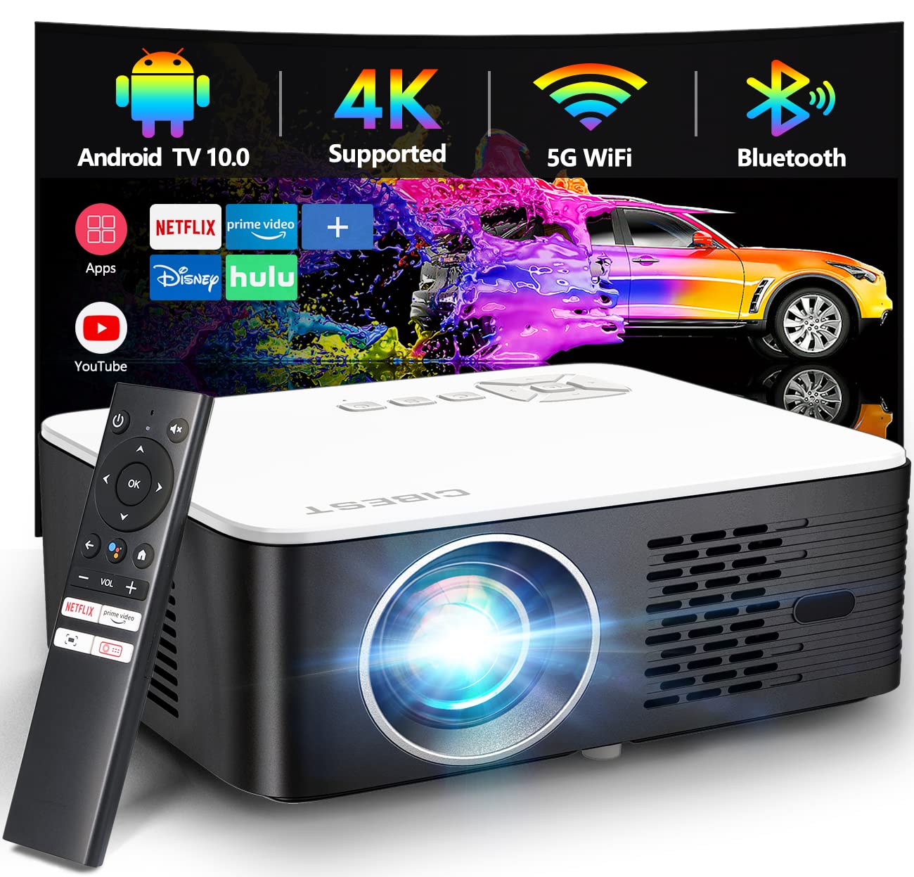 4K Support Android TV 10.0 Projector 5G WiFi Bluetooth Native 1080P, CIBEST Full-Sealed Optical Engine Home Movie FHD Projector with Netflix/Prime Video Built-in, 8000+ Apps, Autofocus, Stereo Sound