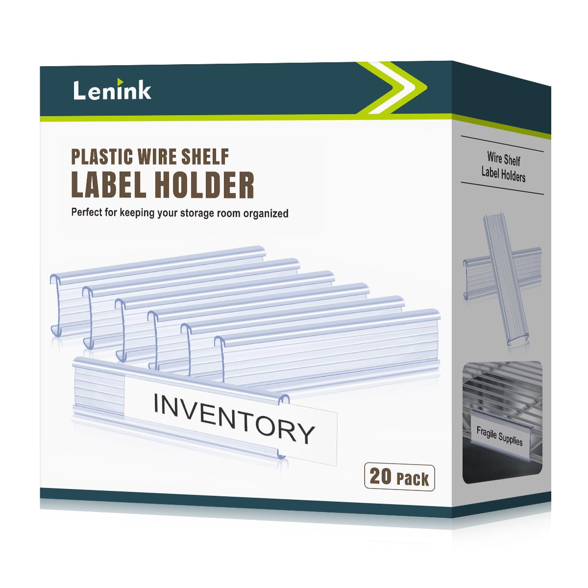 Lenink 20Pcs Wire Shelf Label Holders,Plastic Wire Rack Label Holder Compatible with Metro and Nexel 1-1/4in Shelves,Label Area 6in Lx1.25in H (Label Paper Not Included)