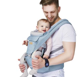 fruiteam 6-in-1 baby carrier with waist stool/hip seat for breastfeeding, one size fits all - adapt to newborn, infant & toddler (blue)