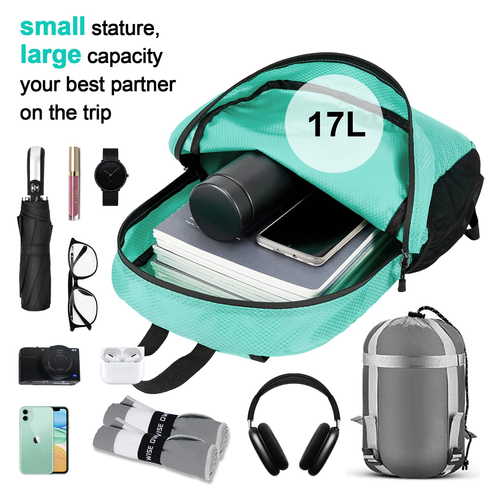 WOOMADA 17L Lightweight Packable Backpack Travel Hiking Daypack Foldable Small Backpack Water Resistant Bag for Men Women