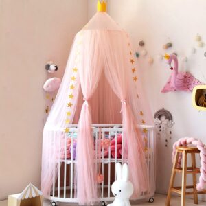 jolitac princess bed canopy for girls room decor round lace mosquito net play tent reading nook canopies yarn girl dome netting castle (pink)