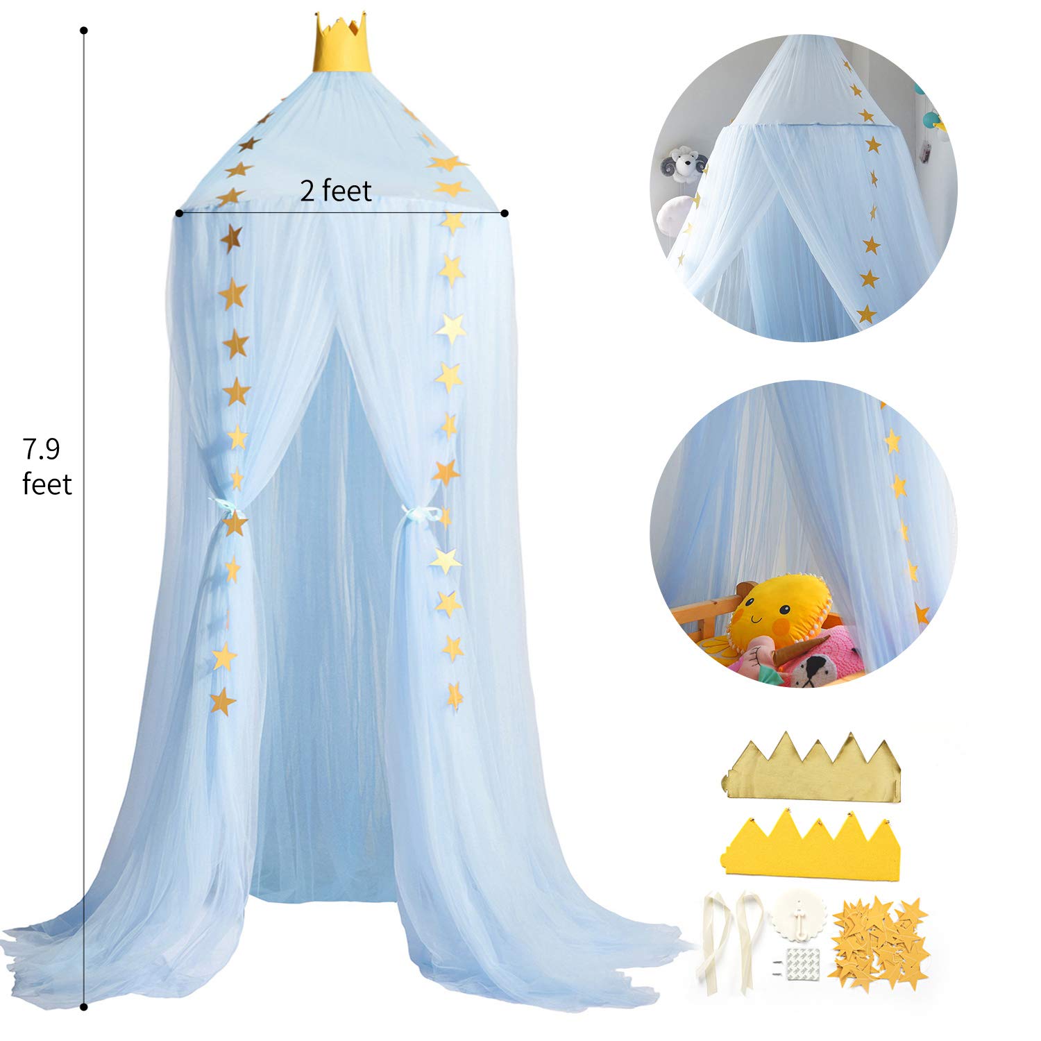 Jolitac Princess Bed Canopy for Girls Room Decor Round Lace Mosquito Net Play Tent Reading Nook Canopies Yarn Girl Dome Netting Castle (Blue)