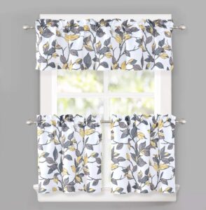 driftaway 3 piece kitchen curtains with valance and tier sets yellow floral branch farmhouse light filtering 24 inch kitchen window curtains over sink for bathroom living room