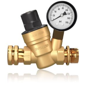 rvguard rv water pressure regulator valve, brass lead-free adjustable water pressure reducer with gauge and inlet screen filter for rv camper travel trailer