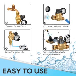 RVGUARD RV Water Pressure Regulator Valve, Brass Lead-Free Adjustable Water Pressure Reducer with Gauge and Inlet Screen Filter for RV Camper Travel Trailer