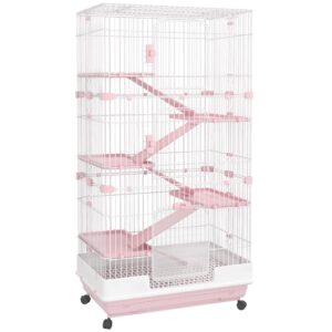 pawhut 6-level small animal cage rabbit hutch with wheels, removable tray, platform and ramp for bunny, chinchillas, ferret, pink
