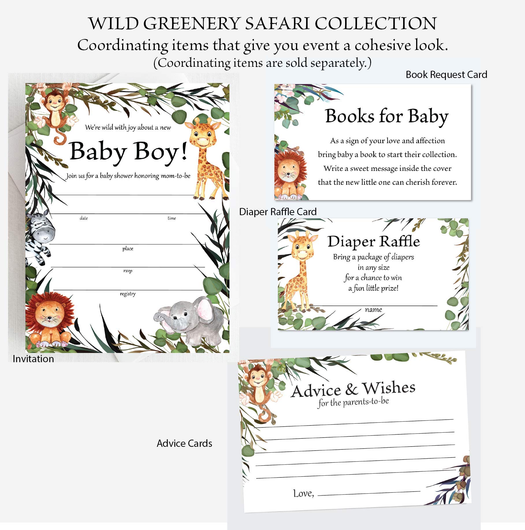 Set of 50 Safari Theme Books for Baby Shower Request Cards, Baby Shower Book Request Card, Jungle Theme Baby Shower Invitations