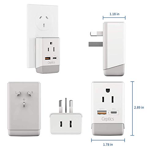 Ceptics Australia China New Zealand Power Plug Adapter, QC 3.0 & PD - Safe Dual USB & USB-C - 2 USA Socket for USA to Australian New Zealand Fiji Argentina, Type I AP-16 Fast Charging